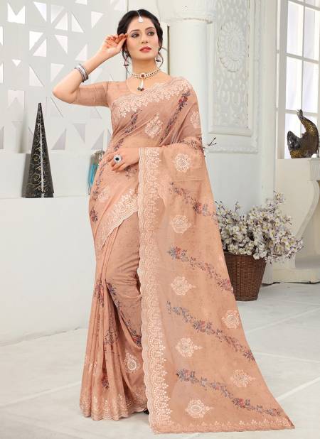 Peach Colour Latest Fancy Party Wear Orgenza Digital Print With Embroidered Saree Collection 1086